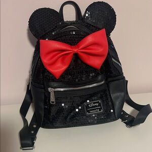 Loungefly Black Sequin Backpack with Red Bow